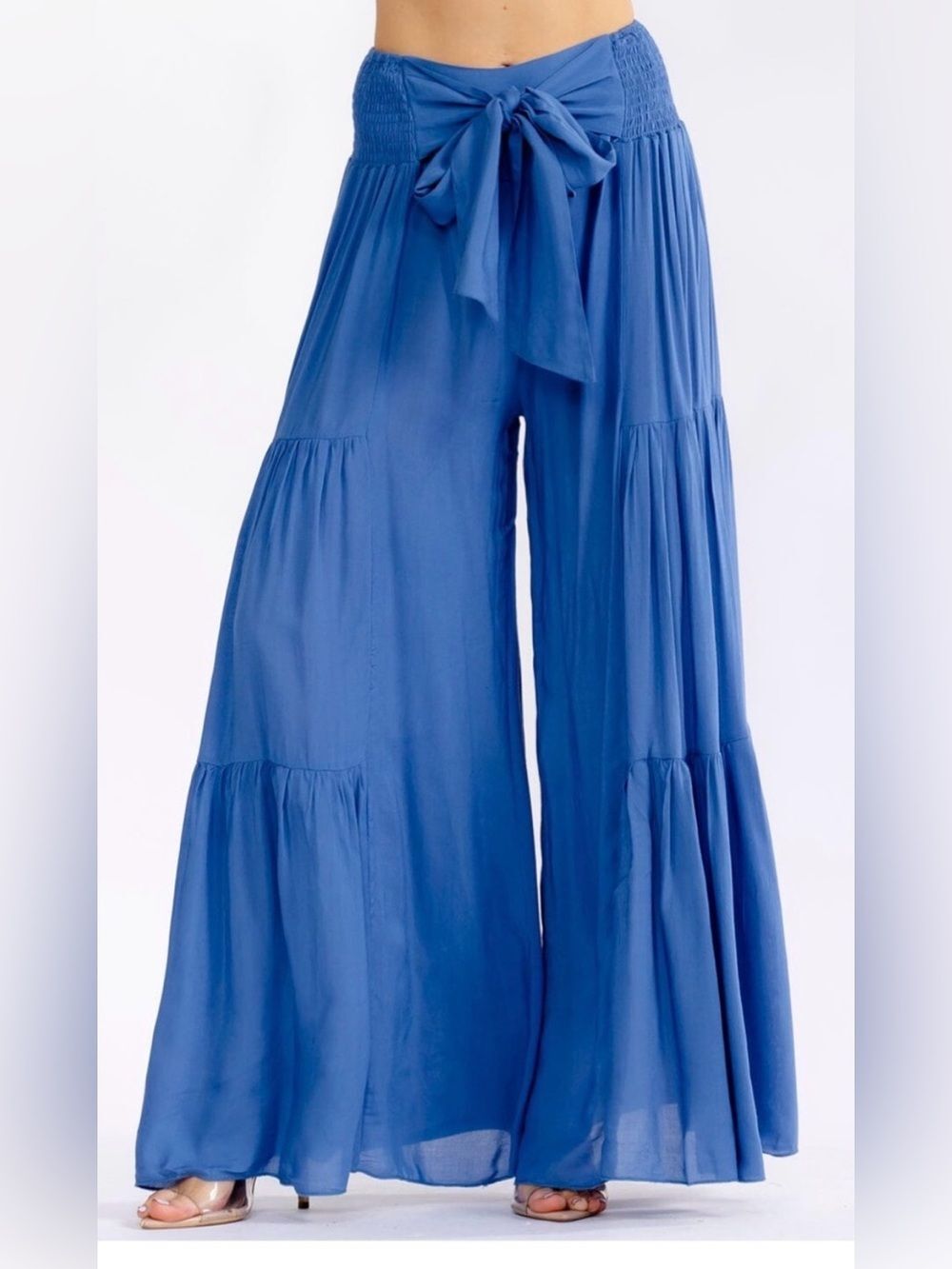 Millibon Vibrant Blue Flowy Flowing Tiered Wide Leg Tie Waist Smocked Pants NWOT